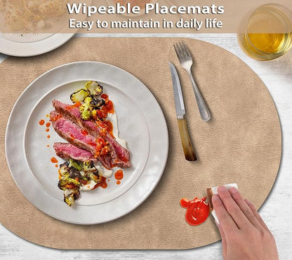 ADRIMER Placemats, Heat Resistant Oval Place Mats Set of 12 Washable 12 x 17 Inch, Waterproof Table Mats Set of 12, Wipeable Faux Leather Placemats for Kitchen, Dining Room, Apricot