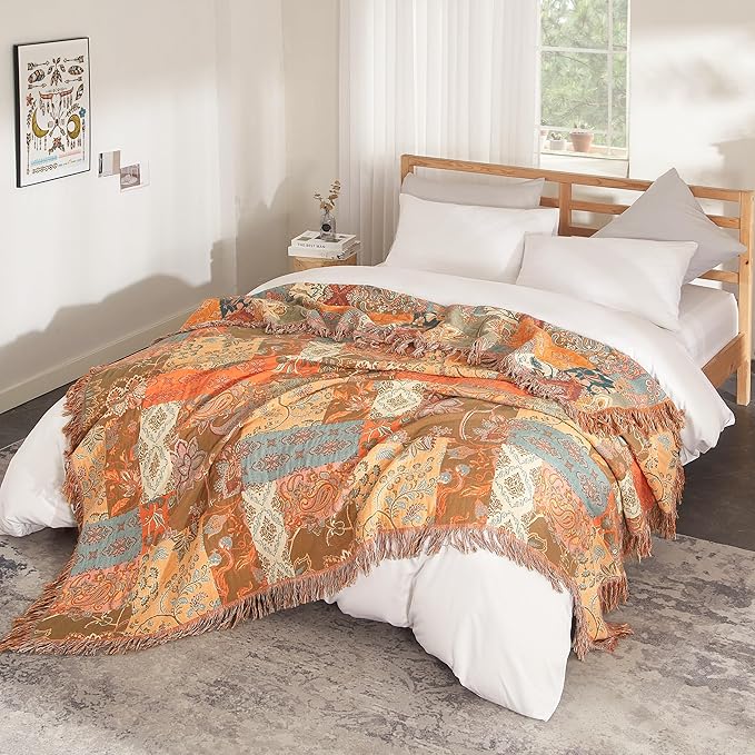 Boho Throw Blanket 100% Cotton Woven Ultra Soft 4-Layer Muslin Quilt Farmhouse Bed Blanket Cover 80"x90", Patchwork Floral