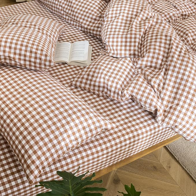 MooMee Gingham Duvet Cover Set 100% Washed Cotton Linen Like Textured Breathable Durable Soft Comfy Modern Checkered Design (Dark Orange Gingham, Queen 90"x90")