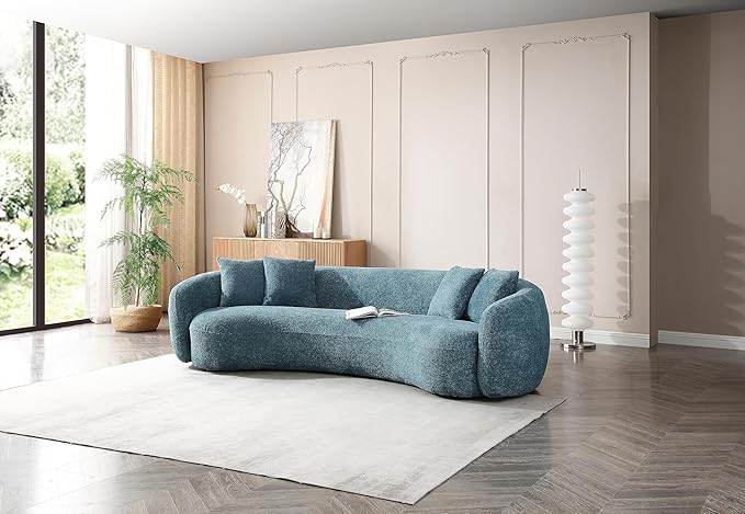 KEIKI 103" Boucle Half Moon Curved Sectional Sofa with 4 Throw Pillows, Modern 5-Seater Teddy Fleece Leisure Couch with Curved Backrest, Easy Assembly, for Apartment, Living Room, Bedroom, Blue