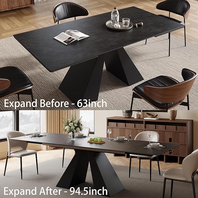 Modern Expandable Dining Table- 63" to 94.5" Extendable Dining Room Table, Gray Sintered Stone Top with Black Metal Base - Seats 6-12, Easy Assembly (Table Only)