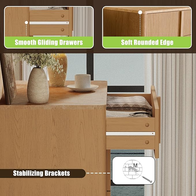 Fluted Dresser for Bedroom with 6 Drawers, 51'' H Modern Chest of Drawers with Wooden Handle, Wooden Dresser TV Stand, Wood Closet Clothes Storage Organizer for Living Room, Hallway, Light Oak