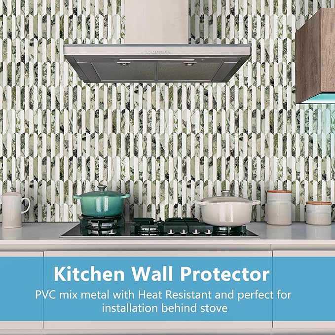 Vamos Tile Peel and Stick Backsplash Seamless Tile,10-Sheets Stick on Backsplash for Kitchen and Bathroom, Pure White+Ice Green Marble+Light Gold PVC Self Adhesive Mosaic Tiles