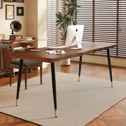 Solid Wood Desk 55 inches, Home Office Computer Desk Wooden Rustic Writing Desk Metal Modern Simple Design Executive Real Wood Desk(Walnut)