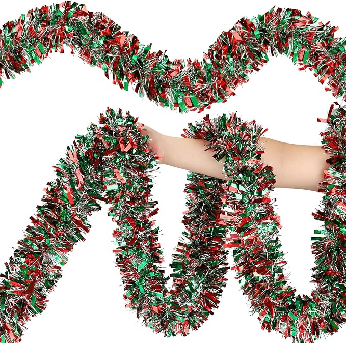 50FT Christmas Tinsel Garland, Red Green&Silver Metallic Twist Shiny Hanging Garland Ornaments for Christmas Tree, Party Supplies Thick Metallic Xmas Streamers