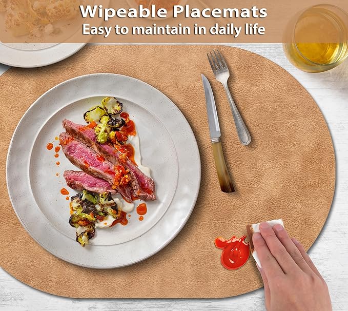 ADRIMER Placemats, Heat Resistant Oval Placemats Set of 4 Washable 12 x 17 Inch, Waterproof Table Mats, Wipeable Pu Place Mats for Kitchen, Dining Room, Light Brown