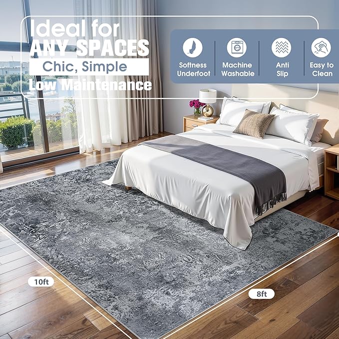 8x10 Area Rugs for Living Room Rug Washable: Abstract Large Rug for Dining Room Bedroom Carpet Non Slip 8 by 10 Indoor Modern Nursery Home Office Black