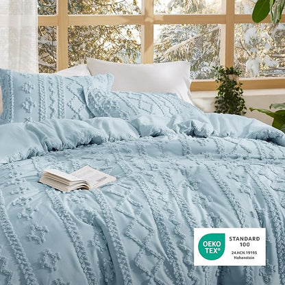 Bedsure Tufted Boho Comforter Set King Size - Dusty Blue Boho Bed Set, GentleSoft™ 3 Pieces Farmhouse Shabby Chic Embroidery Bedding, Gifts for Woman, Soft Jacquard King Comforter for All Seasons