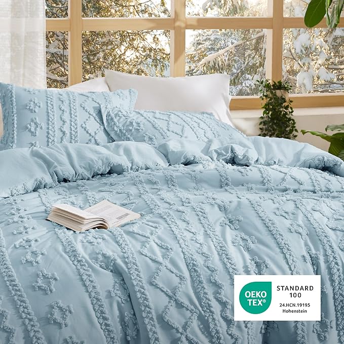 Bedsure Tufted Boho Comforter Set Twin Size - Dusty Blue Boho Bed Set, GentleSoft™ 2 Pieces Farmhouse Shabby Chic Embroidery Bedding, Gifts for Woman, Soft Jacquard Twin Comforter for All Seasons