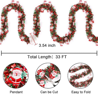 33FT Red Green Christmas Tinsel Garland with Santa Claus Ornaments Christmas Garland Christmas Decorations, Metallic Xmas Tree Garland Indoor Outdoor for Home Mantle Xmas Party Holiday Decor Gift