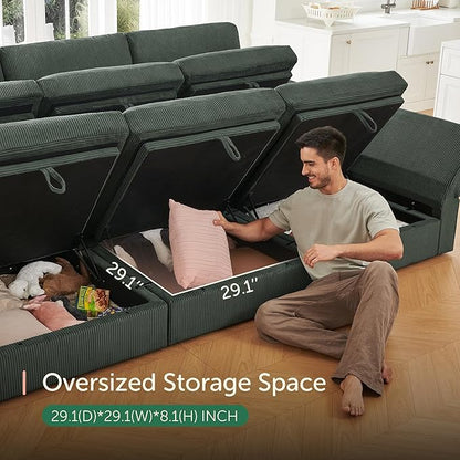 HONBAY Modular Sectional Sofa with Storage Corduroy Sectional Couches with Chaise L Shaped Sectional Couches for Living Room,Green