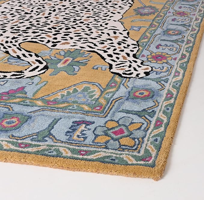 Handmade Leopard Wool Area Rug with Traditional Oushak Motif – Exquisite Animal Print Cheetah Rugs for Living Room, Bedroom | Plush Texture, Vintage Style, Thick & Durable Carpet (Blue, 8' x 10')