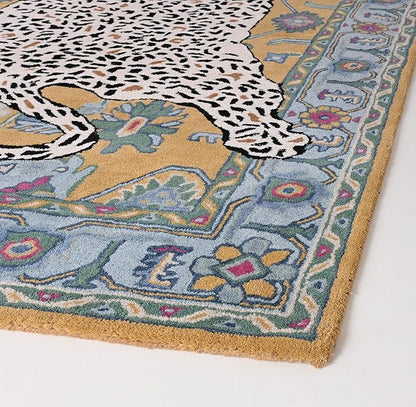 Handmade Leopard Wool Area Rug with Traditional Oushak Motif – Exquisite Animal Print Cheetah Rugs for Living Room, Bedroom | Plush Texture, Vintage Style, Thick & Durable Carpet (Blue, 9' x 12')