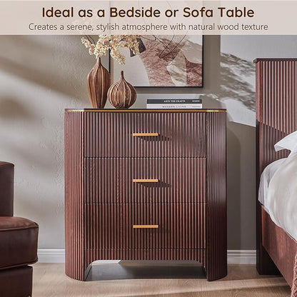 Fluted 3 Drawers Nightstand with Charging Station,31.7" W Bedside Table with Curved Profile Design,End Table Storage with USB Ports for Bedroom,Living Room,Gold Metal Handle, Brown Oak