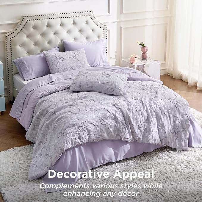 Bedsure Full Size Comforter Set, Light Purple Boho Tufted Bed Set, 3D Puffy Jacquard Bedding Full Size, 3 Pieces, 1 Farmhouse Shabby Chic Embroidery Comforter with Bow Pattern & 2 Pillow Cases