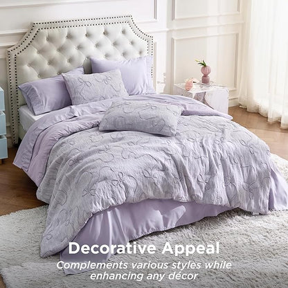 Bedsure Full Size Comforter Set, Light Purple Boho Tufted Bed Set, 3D Puffy Jacquard Bedding Full Size, 3 Pieces, 1 Farmhouse Shabby Chic Embroidery Comforter with Bow Pattern & 2 Pillow Cases