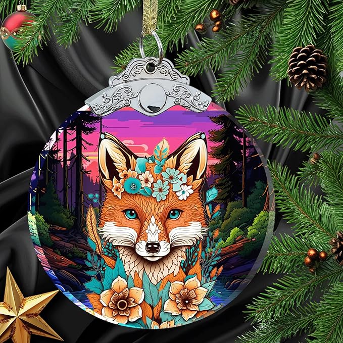 Fox Christmas Ornament Crystal Glass 3"- Fox Gifts for Women Men Hanging Decorations - Fox Christmas Tree Ornaments Christmas Decor - Xmas Gift for Fox Lovers