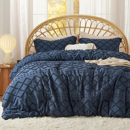 Bedsure Oversized King Comforter Set - Navy Blue Comforter, Boho Tufted Shabby Chic Bedding, 3 Pieces Vintage Farmhouse Bed Set for All Seasons, Fluffy Soft Bedding with 2 Pillow Shams