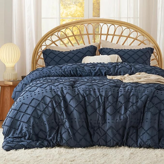 Bedsure Twin XL Comforter Set - Navy Blue Comforter, Boho Tufted Shabby Chic Bedding for Kids, 2 Pieces Vintage Farmhouse Bed Set for All Seasons, Fluffy Soft Bedding with 1 Pillow Sham