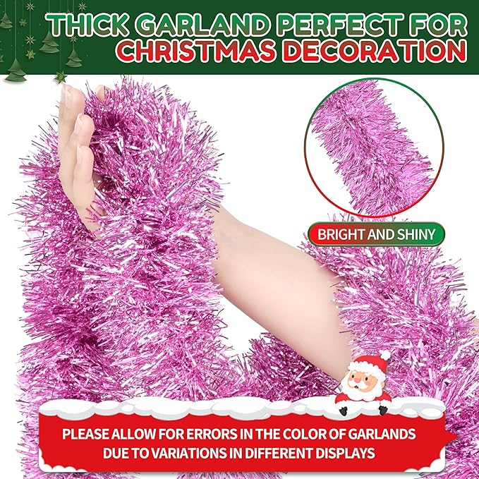 50 Ft Christmas Tinsel Garland Pink Thick Tinsel Garland Xmas Tree Decorations Metallic Tinsel Twist Garland for Christmas, Birthday, Party Decor Indoor Outdoor Party Supplies