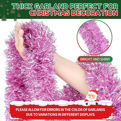 50 Ft Christmas Tinsel Garland Pink Thick Tinsel Garland Xmas Tree Decorations Metallic Tinsel Twist Garland for Christmas, Birthday, Party Decor Indoor Outdoor Party Supplies