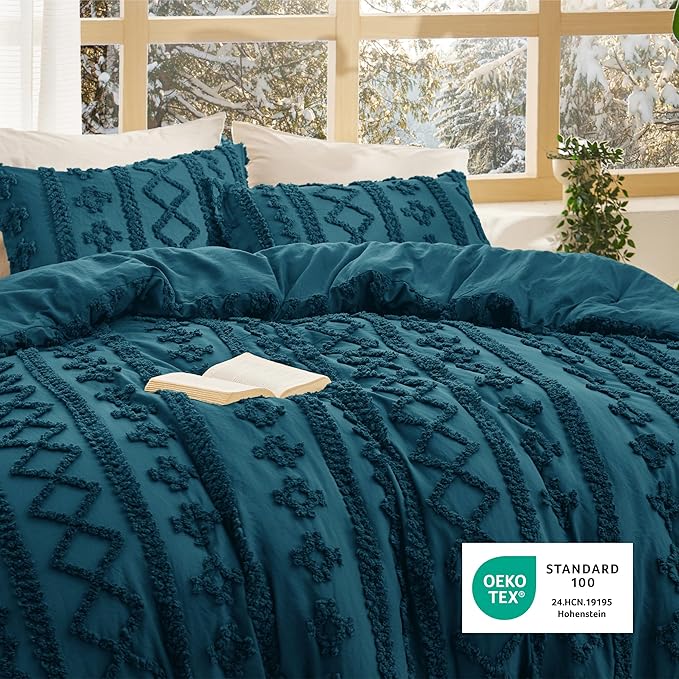 Bedsure Tufted Boho Comforter Set California King - Teal Boho Bed Set, GentleSoft 3 Pieces Farmhouse Shabby Chic Embroidery Bedding, Gifts for Woman, Soft Jacquard Comforter for All Seasons