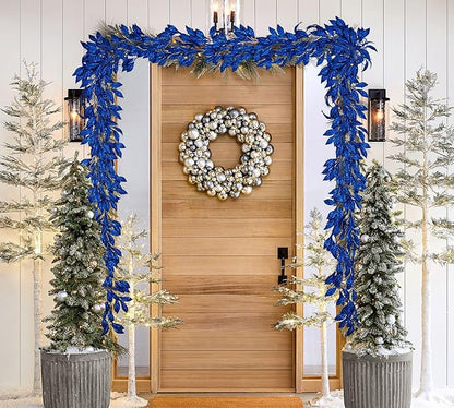 3 Pcs 6FT Christmas Garland Blue Glittered Artificial Magnolia Leaves for Mantle Christmas Tree Decorations Indoor Outdoor Hanging Garland Ornaments Garden Door Wall Window Stair Holiday Home Decor