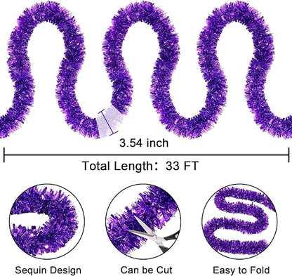 33FT Purple Tinsel Christmas Garland Metallic Twist Shiny Garland for Christmas Tree Decorations, Xmas Holiday Hanging Garland for Home Indoor Outdoor Party Supplies Holiday Decor