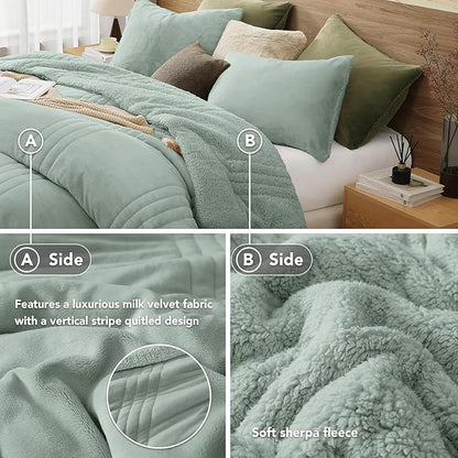 Monbix Fluffy King Size Comforter Set Sage Green, Sherpa Plush Fuzzy Comforter 3 Piece for King Size Bed, Luxury Soft Winter Warm Bedding Set