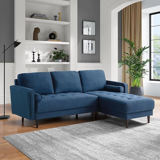 Studio Living® Lexington 83.1" Sofa Chaise, Mid-Century Modern, Pocket Coil Comfort, Reversable Chaise, Easy Assembly, Woven Fabric, Navy Blue