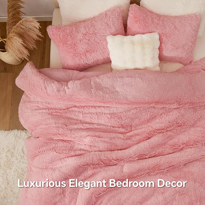 BEDELITE Pink Fluffy Comforter Set Twin Size, Fuzzy Faux Fur Comforter Bedding Set, 2Pieces Soft Warm Shaggy Bed Set (1 Comforter & 1 Pillowcase) as Gifts for Women