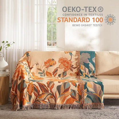 Boho Throw Blanket 100% Cotton Woven Ultra Soft 4-Layer Muslin Quilt Farmhouse Bed Blanket Cover 80"x90", Floral