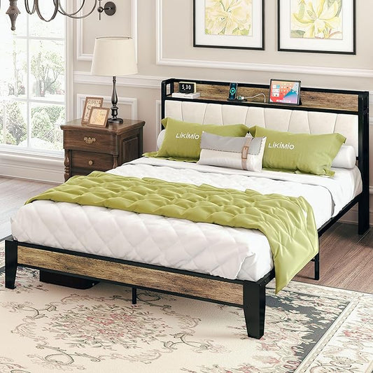 LIKIMIO Full Size Bed Frame, Storage Headboard with Charging Station, Solid and Stable, Noise Free, No Box Spring Needed, Easy Assembly (Walnut and Beige)