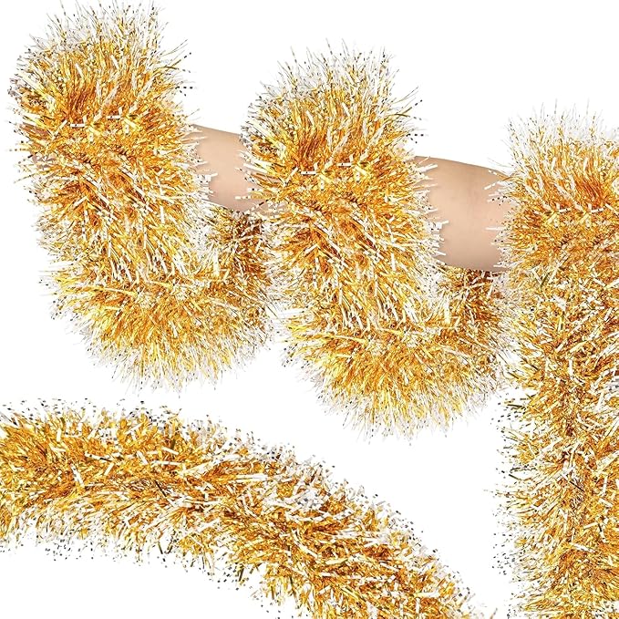 Lush Christmas Tinsel Garland, Gold & White Radiant Metallic Twist Streamers for Holiday Decor, Plush & Full Xmas Tree Garland for an Elegant Festive Atmosphere, Indoor & Outdoor Party Supplies