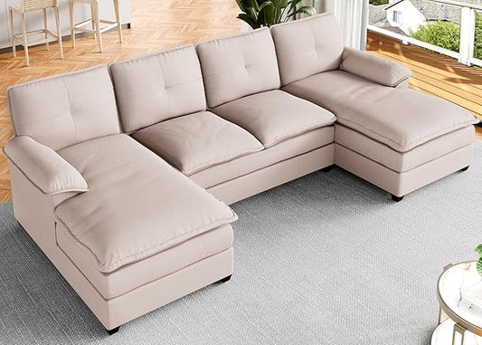 Meilocar U Shaped Sectional Sofa 4 Seat Cloud Couch Double Wide Chaise, Beige