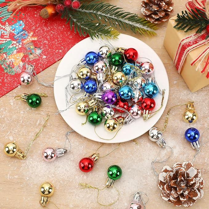 Jansun 60PCS Christmas Mini Balls Ornaments Multicolour Miniature Xmas Tree Hanging Decorations Small Vintage Glitter Balls for Holiday Party Outdoor Indoor DIY Craft Decor Supplies(Shiny Surface)