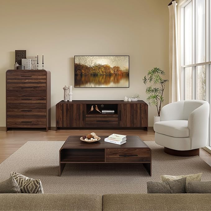 LuxenHome 47” Coffee Table with Storage, Mid-Century Modern Walnut Finish Wood Center Table with 2-Drawer and Open Shelf for Living Room, Accent Cocktail Tables with Safe Rounded Corners