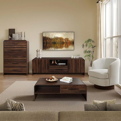 LuxenHome 47” Coffee Table with Storage, Mid-Century Modern Walnut Finish Wood Center Table with 2-Drawer and Open Shelf for Living Room, Accent Cocktail Tables with Safe Rounded Corners