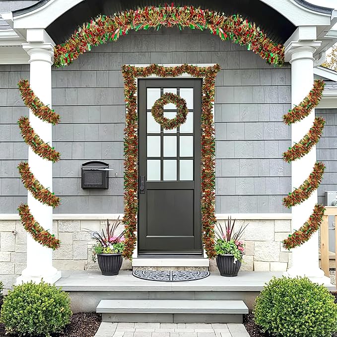 50FT Tinsel Christmas Garland Metallic Twist Garland Shiny Hanging Tinsel for Christmas Tree Party Supplies Indoor Outdoor Home Xmas Decoration (Gold Red Green)