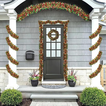 50FT Tinsel Christmas Garland Metallic Twist Garland Shiny Hanging Tinsel for Christmas Tree Party Supplies Indoor Outdoor Home Xmas Decoration (Gold Red Green)