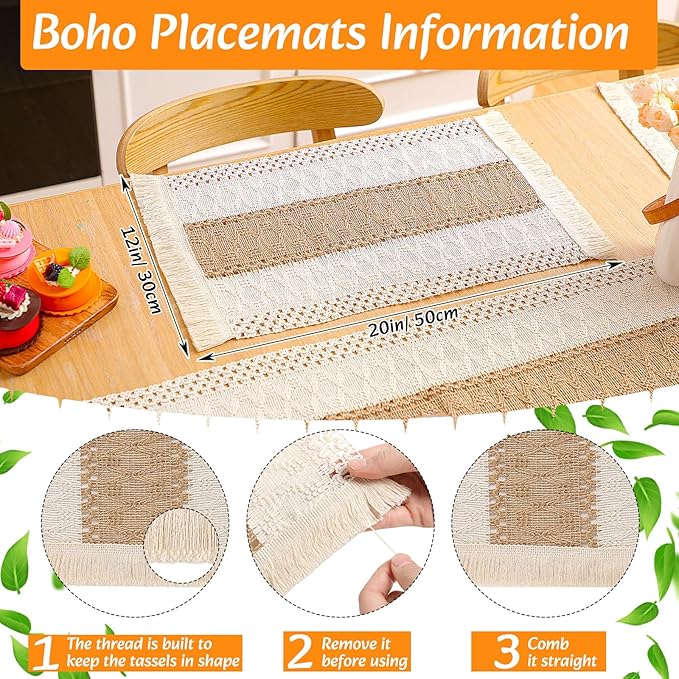 4 Sets Boho Placemats Round Woven Placemats, Cloth Napkins, Wood Bead Napkin Rings, Long Table Runner and Farmhouse Rustic Placemats Natural Burlap Cotton for Kitchen Table Home