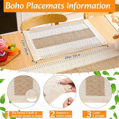 4 Sets Boho Placemats Round Woven Placemats, Cloth Napkins, Wood Bead Napkin Rings, Long Table Runner and Farmhouse Rustic Placemats Natural Burlap Cotton for Kitchen Table Home