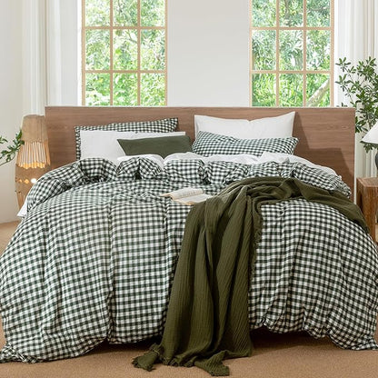 MooMee Gingham Duvet Cover Set 100% Washed Cotton Linen Like Textured Breathable Durable Soft Comfy Modern Checkered Design (Forest Green Gingham, Queen 90"x90")