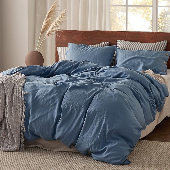 Bedsure Linen Duvet Cover King Size - Linen Cotton Blend Bedding Set, Soft & Cozy, 3 Pieces, 1 Duvet Cover 104x90 and 2 Pillowcases, Foggy Blue Color Cooling Bedding, Comforter Sold Separately