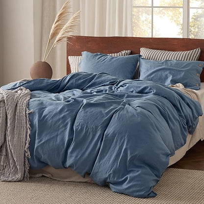 Bedsure Linen Duvet Cover Queen - Linen Cotton Blend Bedding Set, Soft & Cozy, 3 Pieces, 1 Duvet Cover 90x90 Inches and 2 Pillowcases, Foggy Blue Color Cooling Bedding, Comforter Sold Separately