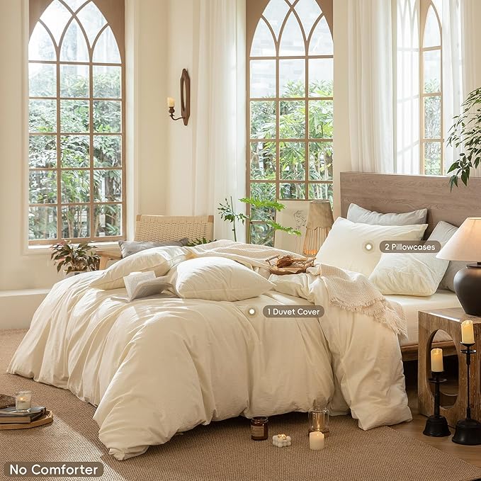 MooMee Wavy Striped Duvet Cover Set 100% Washed Cotton Linen Like Textured Breathable Durable Soft Comfy (Cream White, King 104"x90")