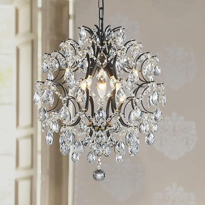 Bestier Modern Black Pendant Chandelier Crystal Raindrop Lighting Ceiling Light Fixture Lamp for Dining Room Bathroom Bedroom Livingroom entryway 3 E12 Bulbs Required D16 in x H18 in