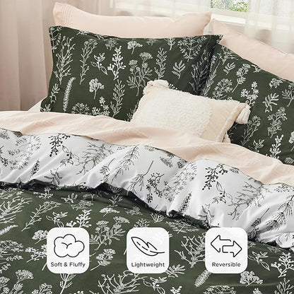 Bedsure Full Comforter Set - Dark Olive Green Bed Set, 3 Pieces Cute Floral Bedding, 1 Soft Reversible Botanical Flowers Comforter and 2 Pillow Shams