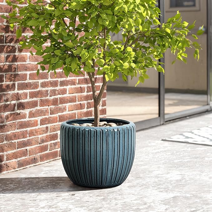 LuxenHome 11" Dia Ceramic Planters, Indoor Outdoor Large Plant Pots with Drainage Holes and Rubber Plug, Modern Glazed Decorative Flower Pots, Sea Green Ribbed Round Planters for Home Garden Patio