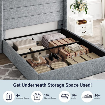 Allewie Queen Size Lift Up Storage Bed, Modern Wingback Headboard, Hydraulic Support, No Box Spring Needed, Grey Blue